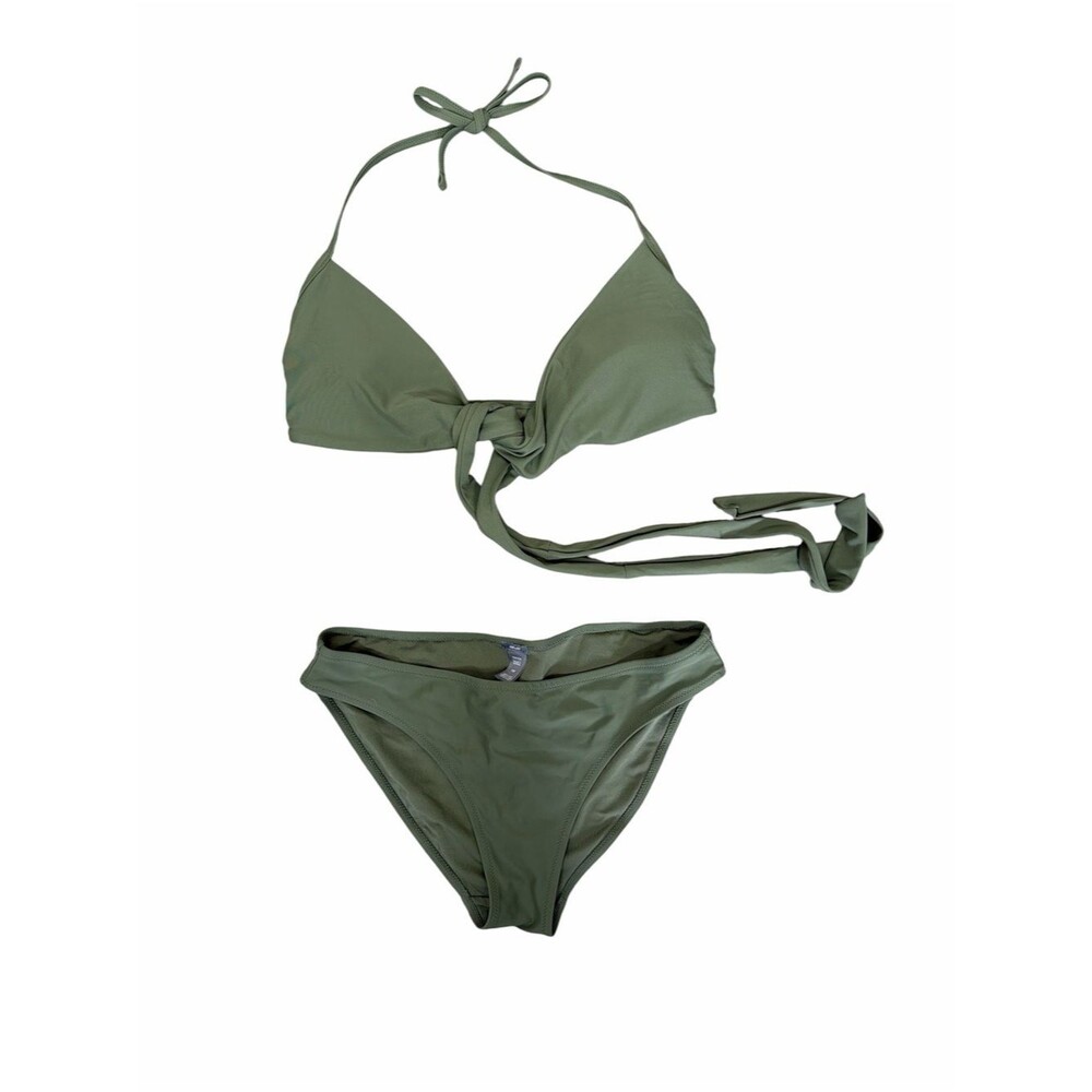 Aerie Olive Green Bikini Set Medium Triangle Halter Top High Cut Swim Size Med.